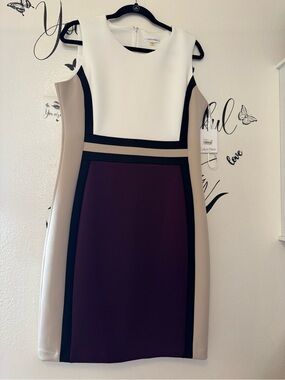 Calvin Klein Sleeveless Colorblock Midi Dress in White, Taupe & Burgundy